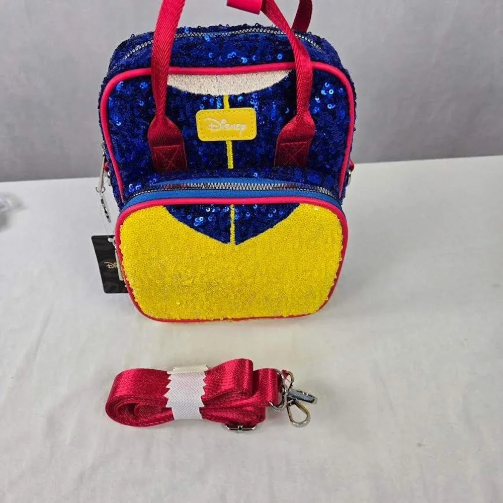 Disney Snow White Sequin Mini Backpack Bag‎ Blue Yellow Red Apple Charm NWT BD